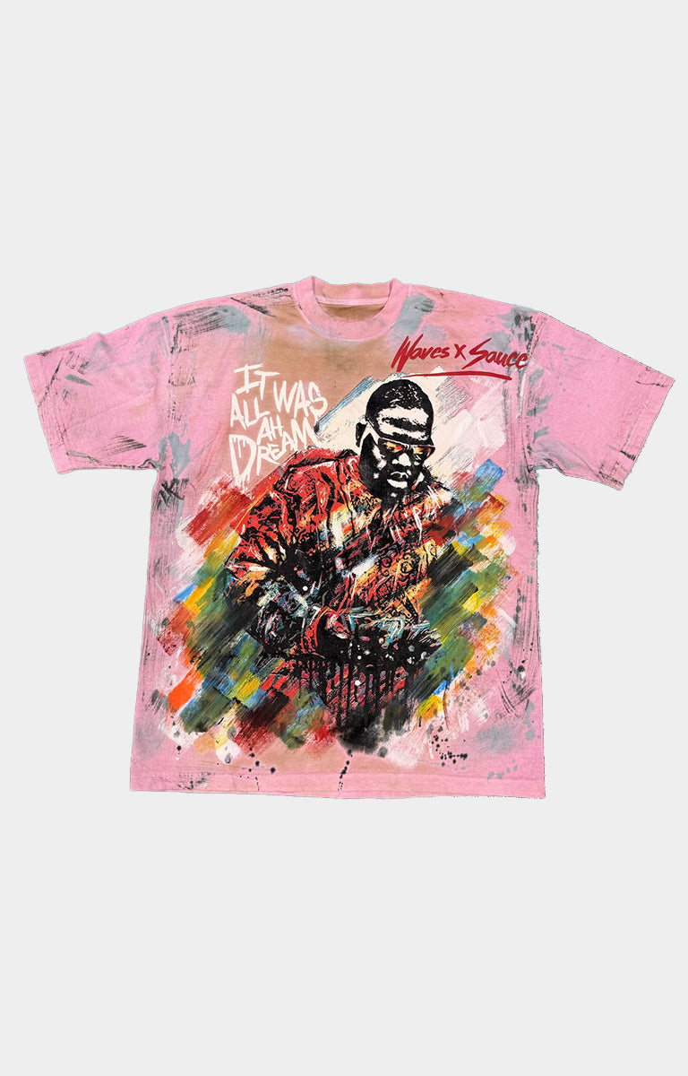 Waves X Sauce Biggie “It Was All a Dream” T-Shirt in pink, made from 100% heavyweight cotton with a vintage wash and aged effect. Hand-painted, screen-printed and distressed by Oakland artist Skyler Clay.