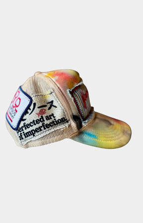 Waves x Sauce Logo Blue Stripe Trucker Hat in Beige featuring an embroidered logo patch, distressed stitching, hand-painted accents, vintage patchwork, and a unique 1-of-1 finish.