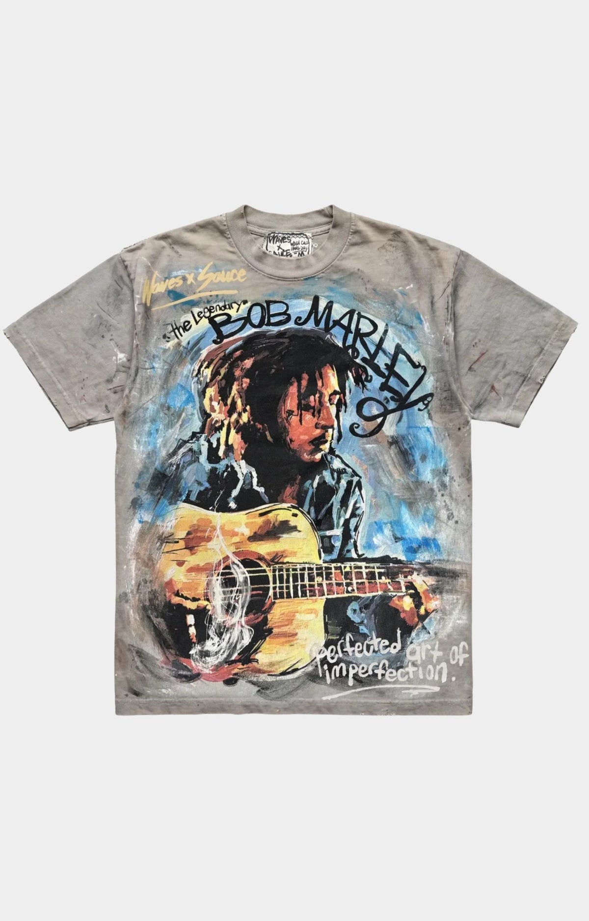 Waves x Sauce Bob Marley One Love Tee in Stone, made from 100% heavyweight cotton with vintage-washed construction, hand-painted and screen-printed artwork, distressed detailing, and a unique one-of-one finish.