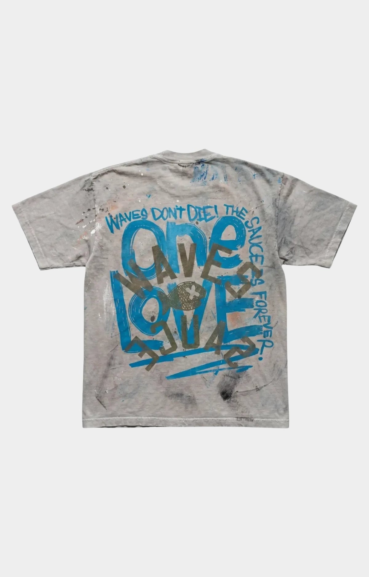 Waves x Sauce Bob Marley One Love Tee in Stone, made from 100% heavyweight cotton with vintage-washed construction, hand-painted and screen-printed artwork, distressed detailing, and a unique one-of-one finish.