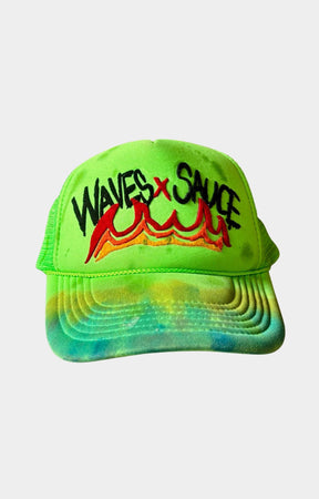 Waves x Sauce Flame Trucker Hat in Neon Green featuring felt flame patches, hand-painted accents, foam trucker construction, and a unique 1-of-1 finish. A bold statement accessory for modern streetwear.