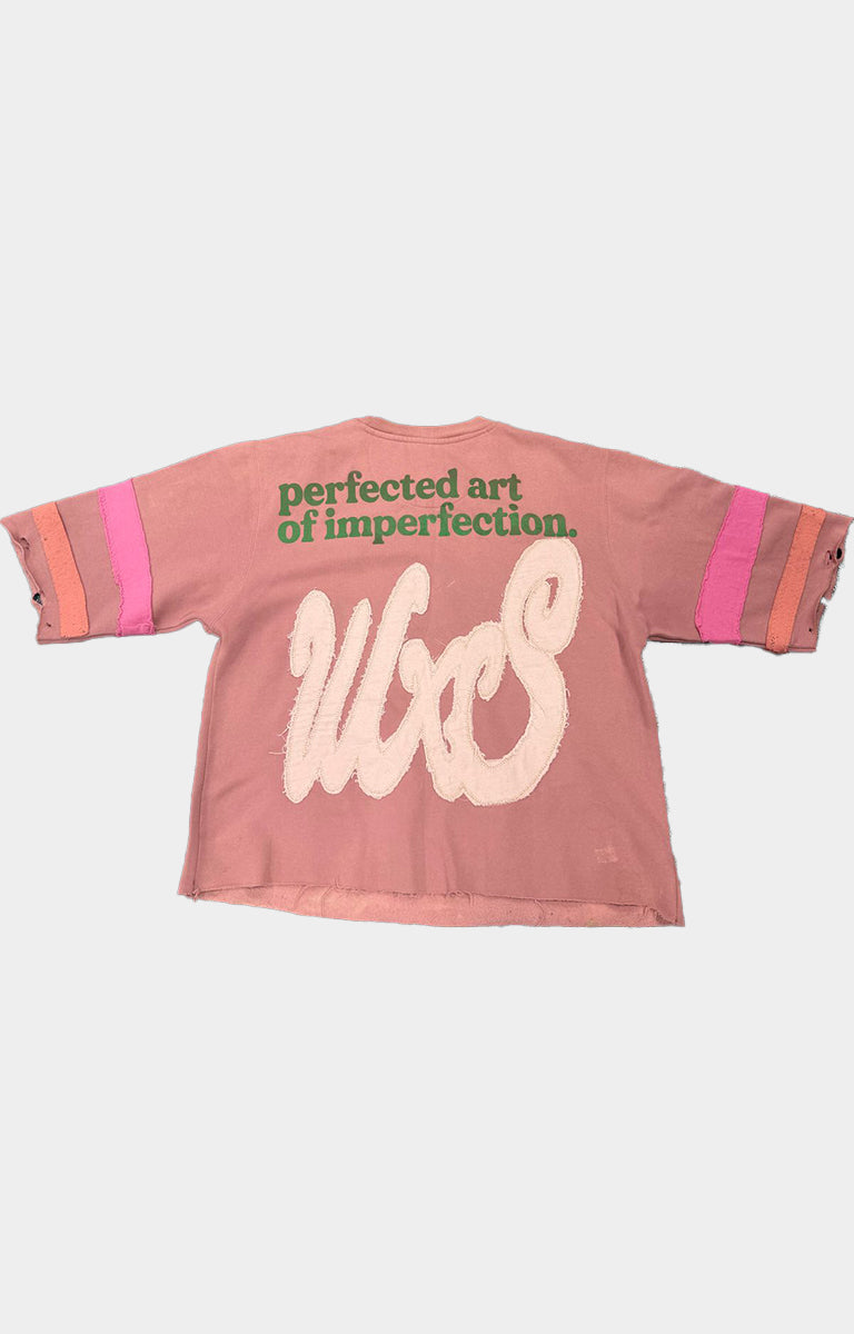 Waves x Sauce FLOWER CHILD Sweatshirt in Clay Rose, crafted from 100% heavyweight cotton French terry with mixed-media embroidery, hand-placed quilt stitching, screen printing and hand-dyed one-of-one detailing.