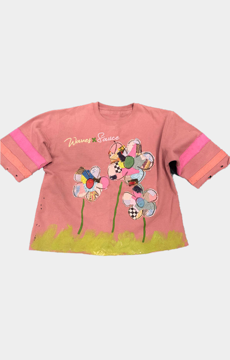 Waves x Sauce FLOWER CHILD Sweatshirt in Clay Rose, crafted from 100% heavyweight cotton French terry with mixed-media embroidery, hand-placed quilt stitching, screen printing and hand-dyed one-of-one detailing.
