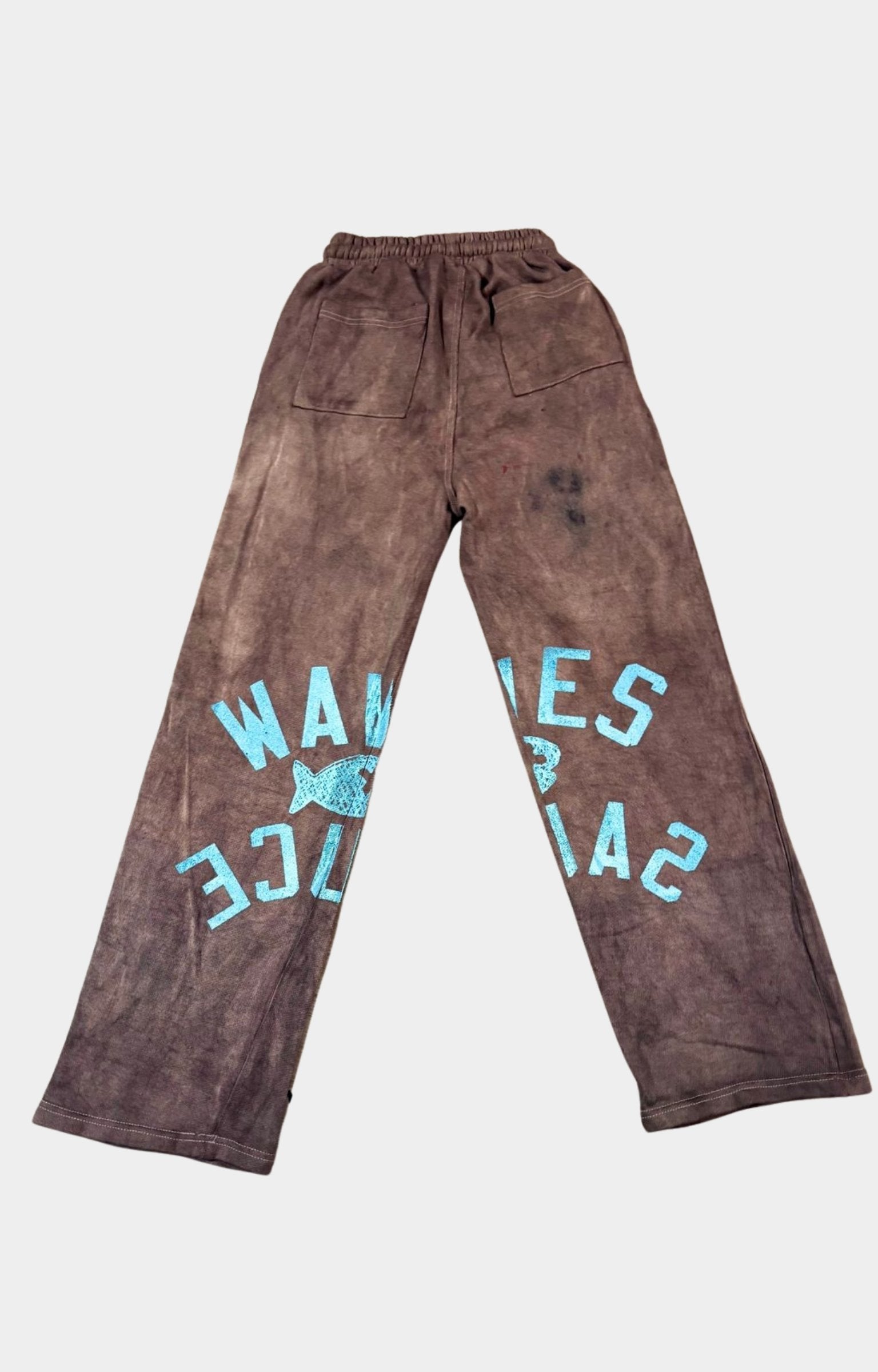 Waves x Sauce HEAVEN CAN WAIT SWEATS in Brown, made from 100% heavyweight cotton French terry with mixed-media embroidery, screen-printed artwork, hand-dyed detailing and one-of-one construction.