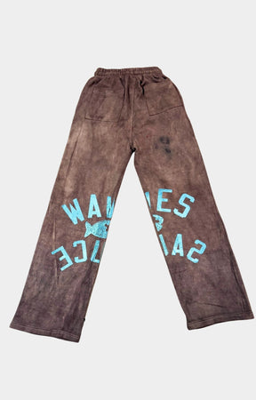 Waves x Sauce HEAVEN CAN WAIT SWEATS in Brown, made from 100% heavyweight cotton French terry with mixed-media embroidery, screen-printed artwork, hand-dyed detailing and one-of-one construction.