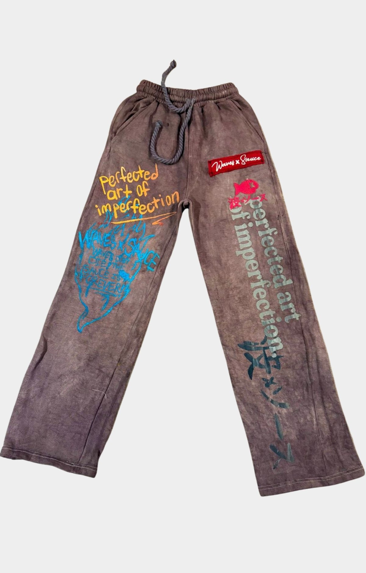 Waves x Sauce HEAVEN CAN WAIT SWEATS in Brown, made from 100% heavyweight cotton French terry with mixed-media embroidery, screen-printed artwork, hand-dyed detailing and one-of-one construction.