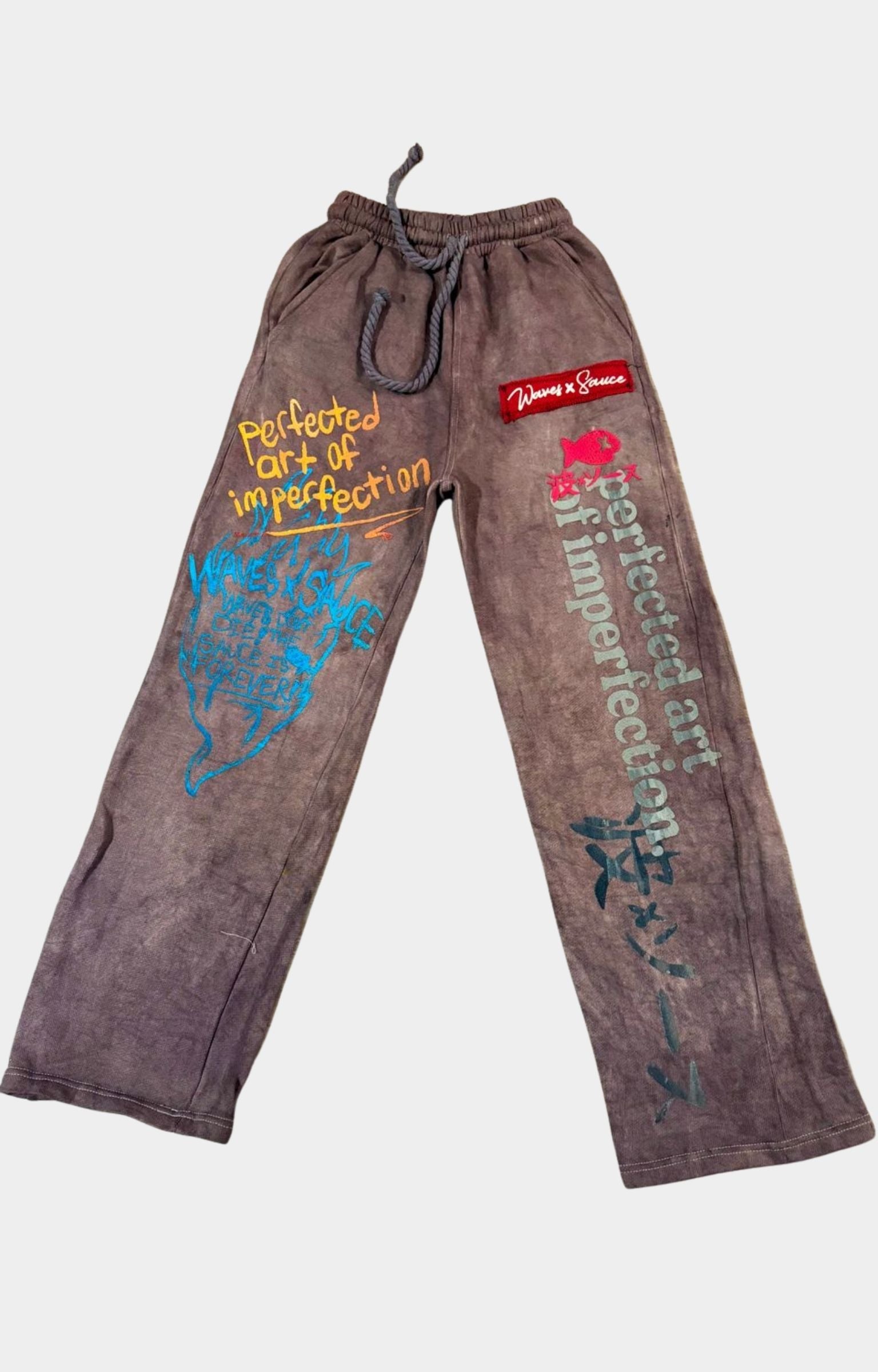 Waves x Sauce HEAVEN CAN WAIT SWEATS in Brown, made from 100% heavyweight cotton French terry with mixed-media embroidery, screen-printed artwork, hand-dyed detailing and one-of-one construction.