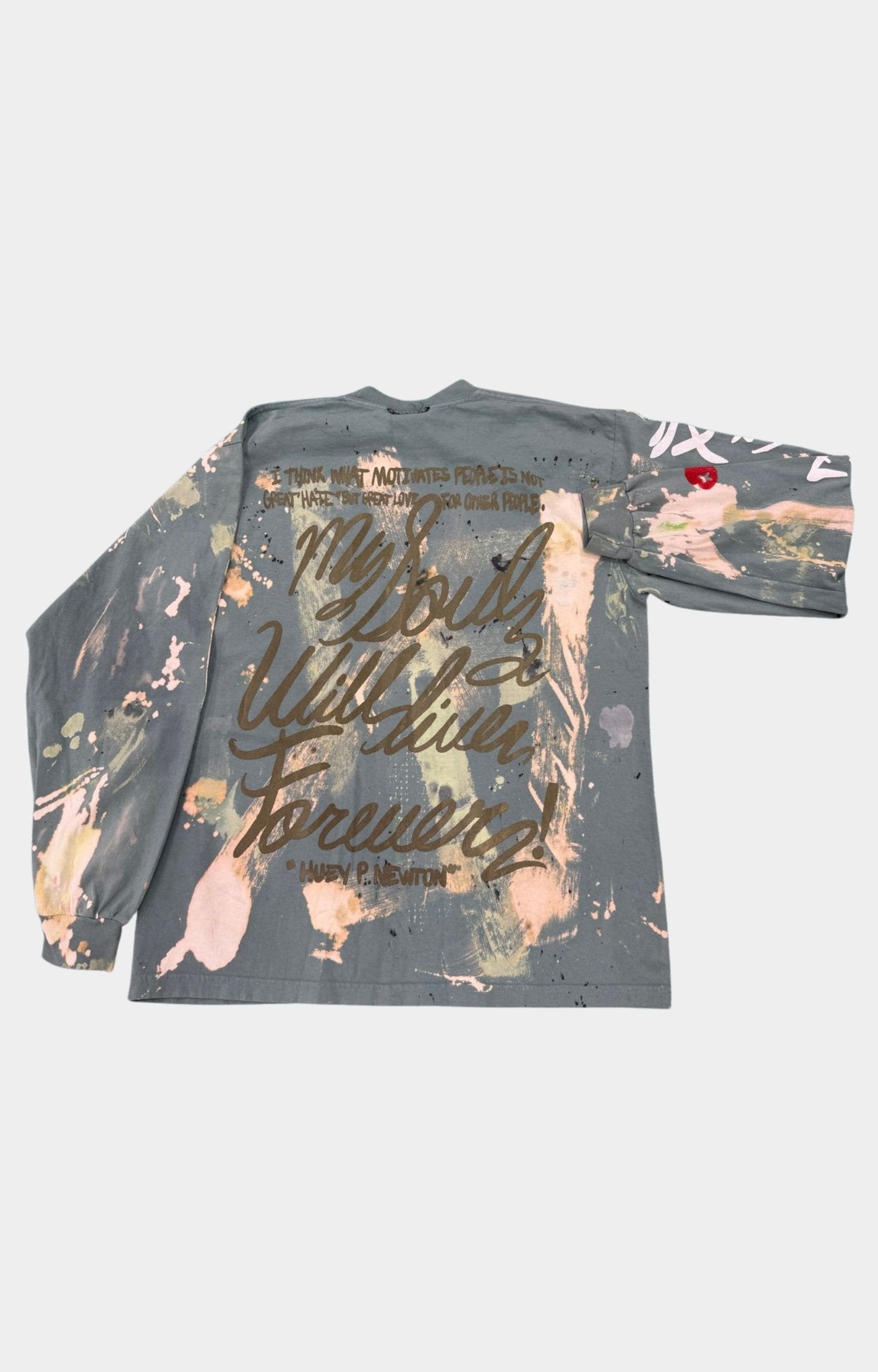 Waves x Sauce HUEY Long Sleeve Shirt in Jade, made from 100% heavyweight cotton with vintage-washed construction, mixed-media artwork, hand-painted detailing, screen printing, and a distressed one-of-one finish.
