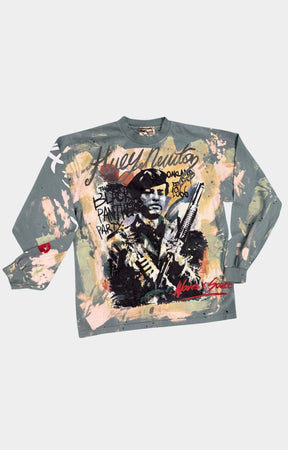 Waves x Sauce HUEY Long Sleeve Shirt in Jade, made from 100% heavyweight cotton with vintage-washed construction, mixed-media artwork, hand-painted detailing, screen printing, and a distressed one-of-one finish.