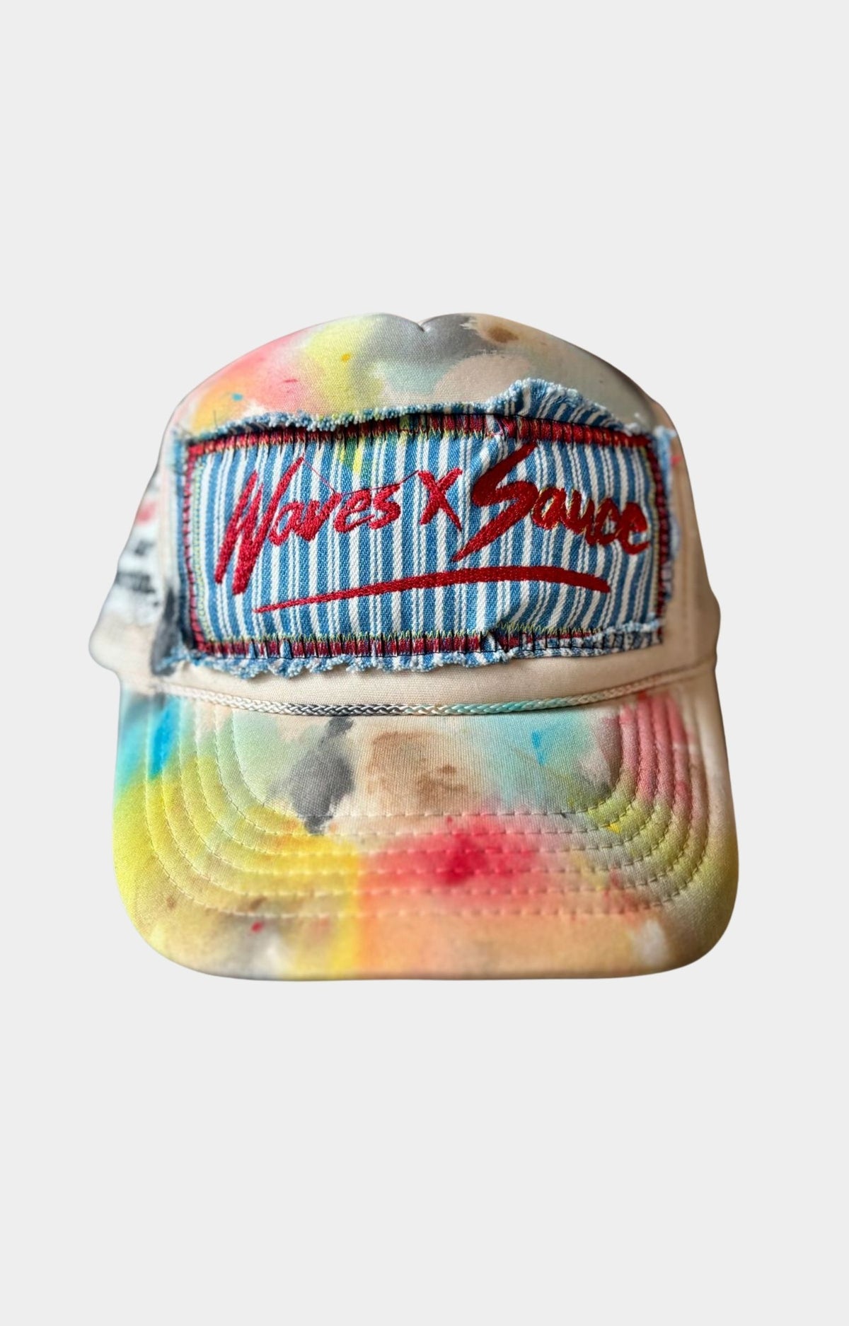 Waves x Sauce Logo Blue Stripe Trucker Hat in Beige featuring an embroidered logo patch, distressed stitching, hand-painted accents, vintage patchwork, and a unique 1-of-1 finish.