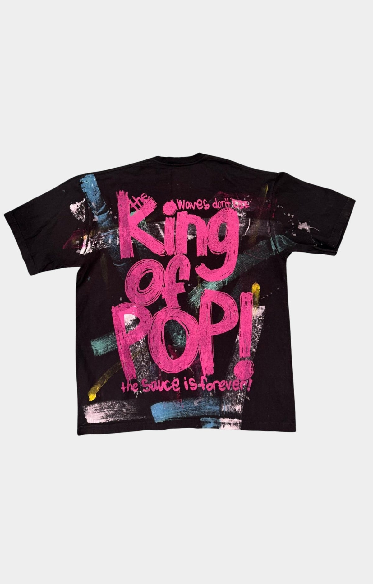 Waves X Sauce MJ Legend Graphic T-Shirt in Black made from heavyweight 100% cotton with mixed-media screen printing and hand-painted Michael Jackson artwork. Each piece is 1 of 1.