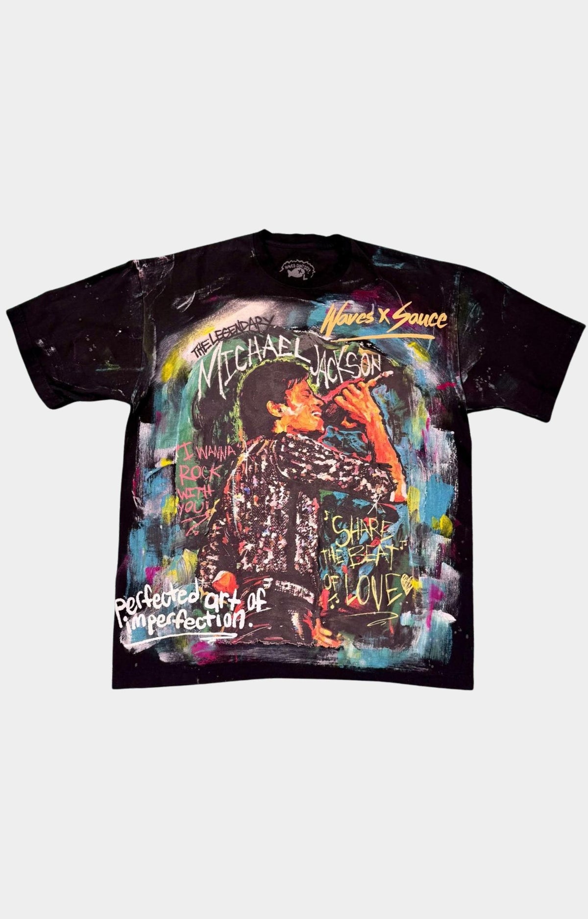 Waves X Sauce MJ Legend Graphic T-Shirt in Black made from heavyweight 100% cotton with mixed-media screen printing and hand-painted Michael Jackson artwork. Each piece is 1 of 1.