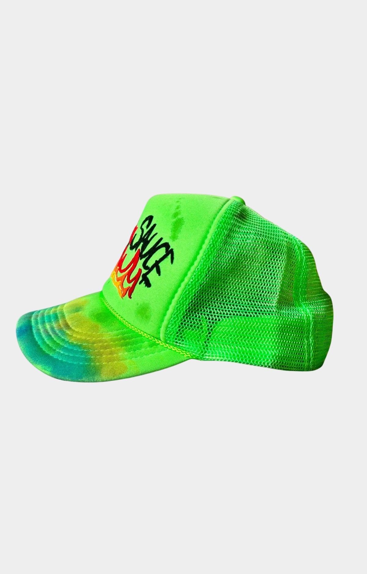 Waves x Sauce Flame Trucker Hat in Neon Green featuring felt flame patches, hand-painted accents, foam trucker construction, and a unique 1-of-1 finish. A bold statement accessory for modern streetwear.