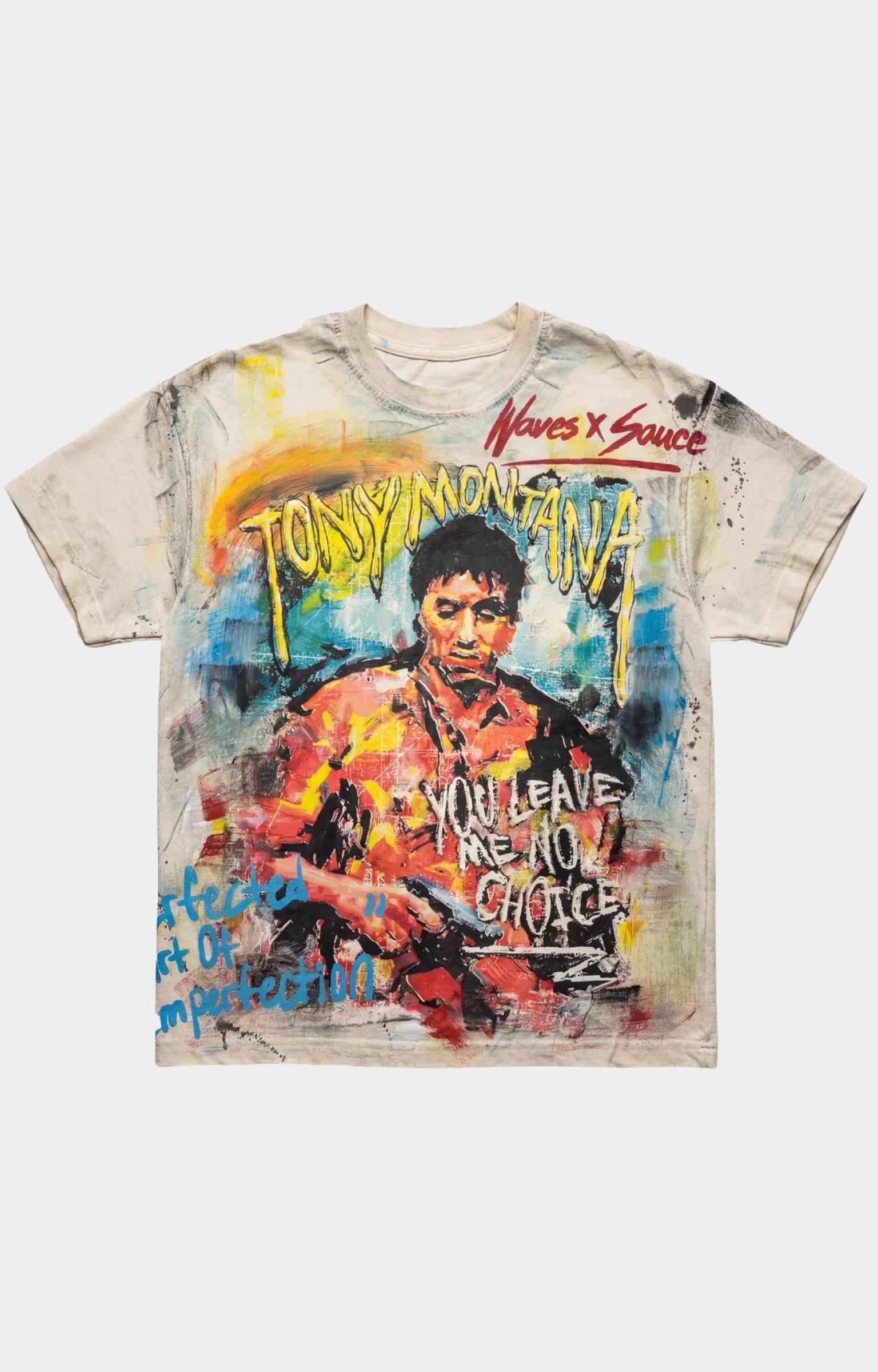 Waves x Sauce The World Is Yours Tee in Cream, made from 100% heavyweight cotton with a vintage wash, hand-painted and screen-printed artwork, distressed detailing, and one-of-one character. Made in Oakland, California by artist Skyler Clay.