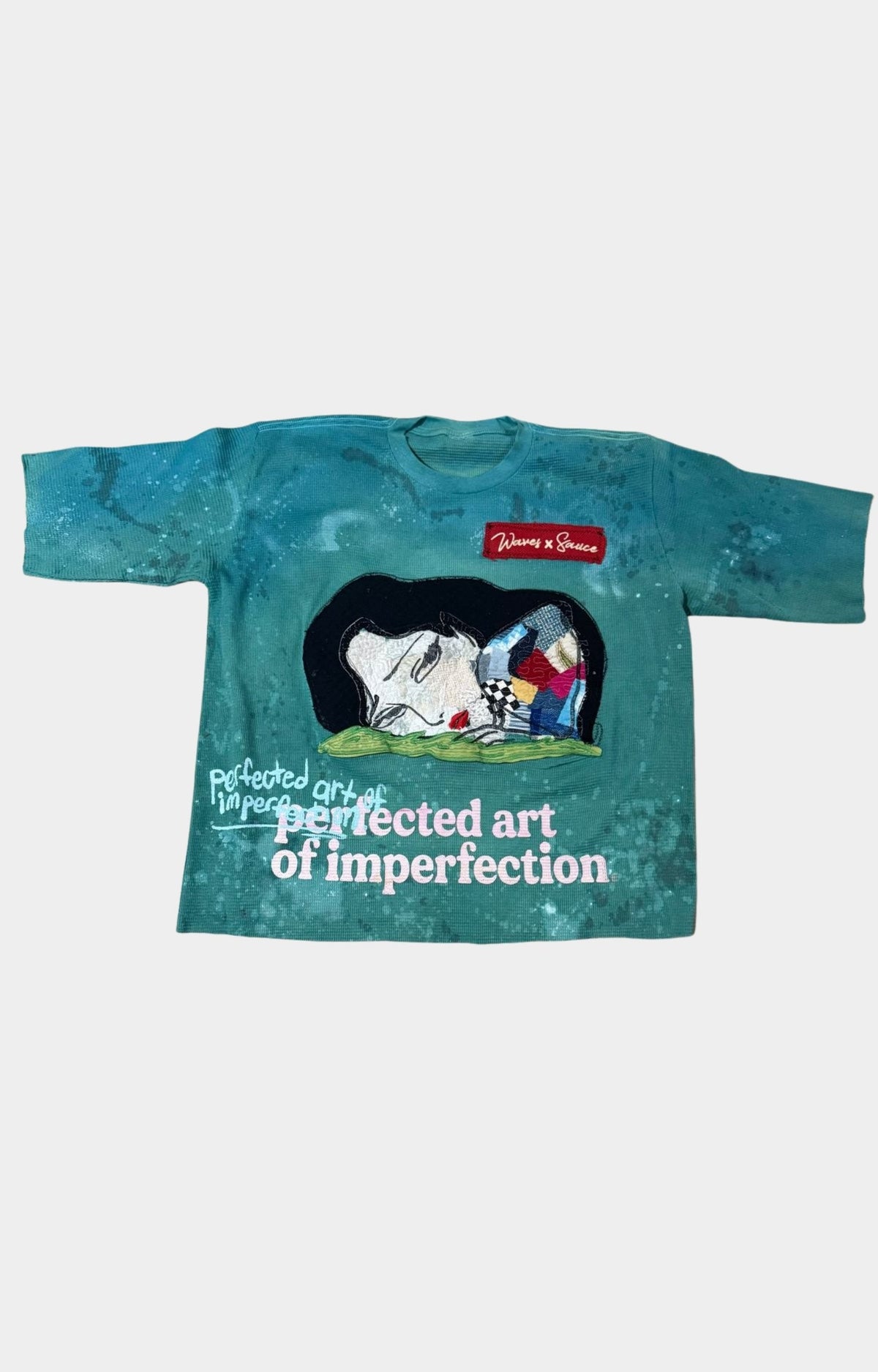 Waves x Sauce TOKYO DREAM Thermal in Turquoise, crafted from 100% heavyweight cotton with mixed-media embroidery, hand-placed quilt stitching, screen printing, hand-dyed detailing and one-of-one construction.