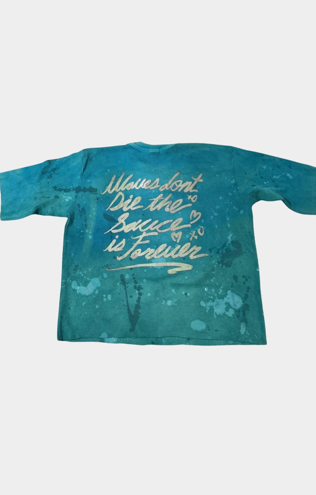 Waves x Sauce TOKYO DREAM Thermal in Turquoise, crafted from 100% heavyweight cotton with mixed-media embroidery, hand-placed quilt stitching, screen printing, hand-dyed detailing and one-of-one construction.