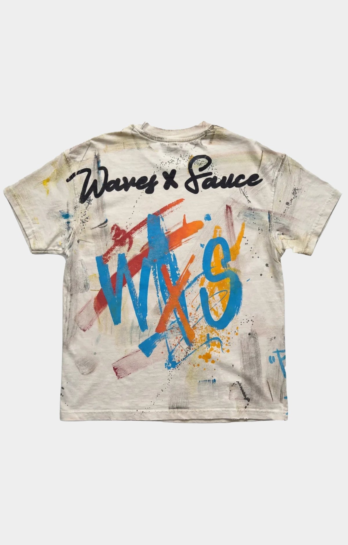Waves x Sauce The World Is Yours Tee in Cream, made from 100% heavyweight cotton with a vintage wash, hand-painted and screen-printed artwork, distressed detailing, and one-of-one character. Made in Oakland, California by artist Skyler Clay.